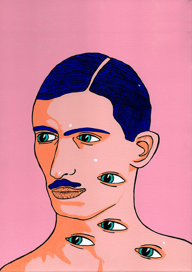 "Six green eyes and blue moustache" - Fine art print